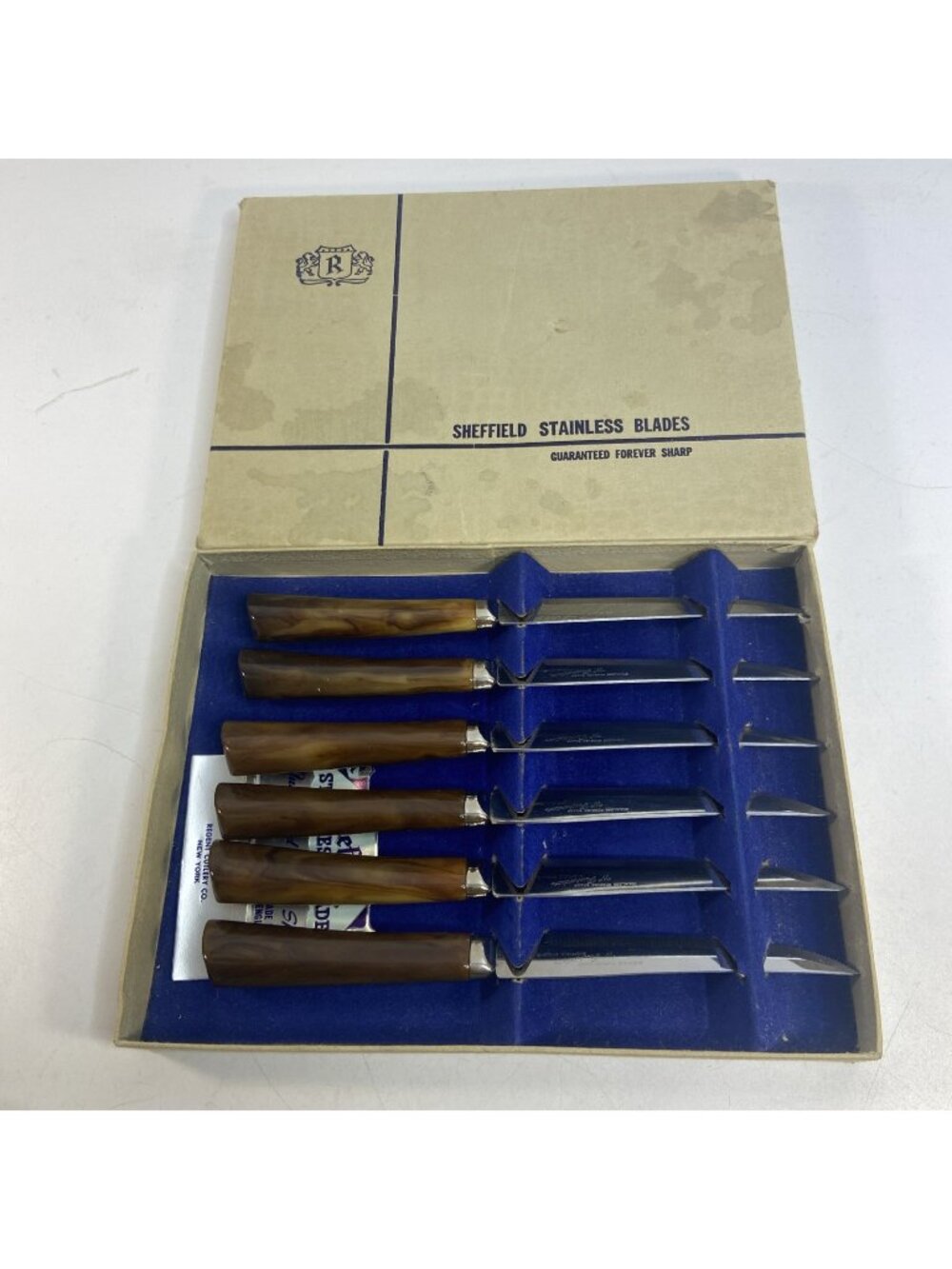 Vintage Regent Sheffield 6 Pc Steak Knive Set Orig Box Horn Handles Mint